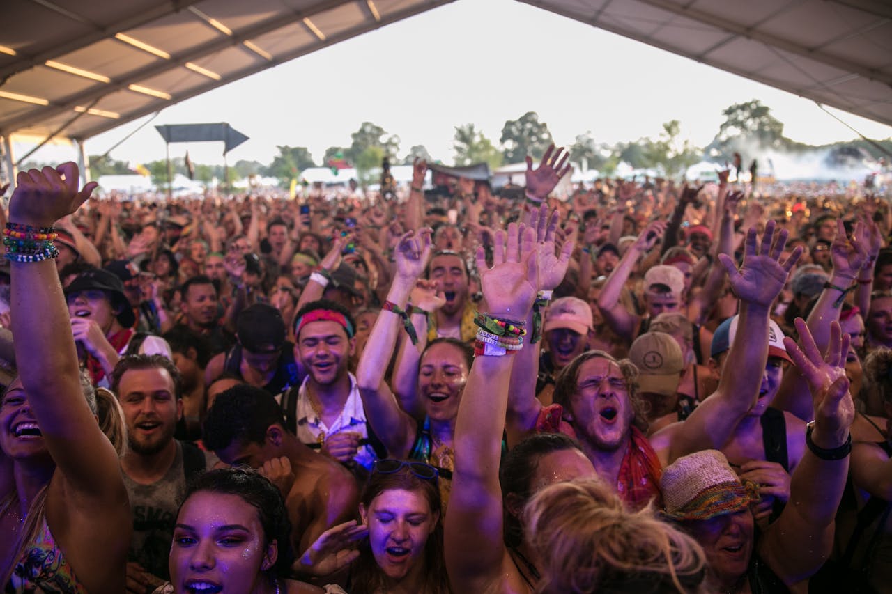 get-in-touch Excited crowd enjoying a vibrant music festival under a tent during the day.
